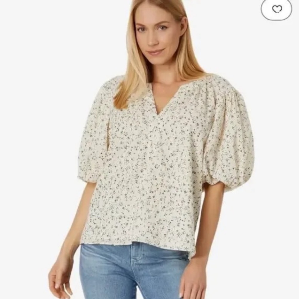 Vince Camuto Raglan Puff Sleeve Split Neck Floral Blouse Cream/Navy/Gold Size M